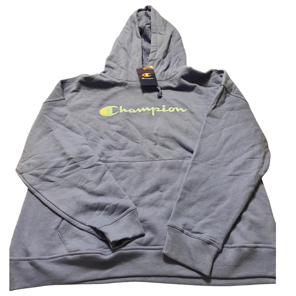 Champion‎ Hoodie Pullover Hooded Sweatshirt Light Blue Logo Graphic Size 2XL